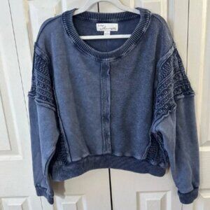 Vintage Havana Womens L Cropped Distressed Raw Hem Lace Cut Out Crewneck Sweater